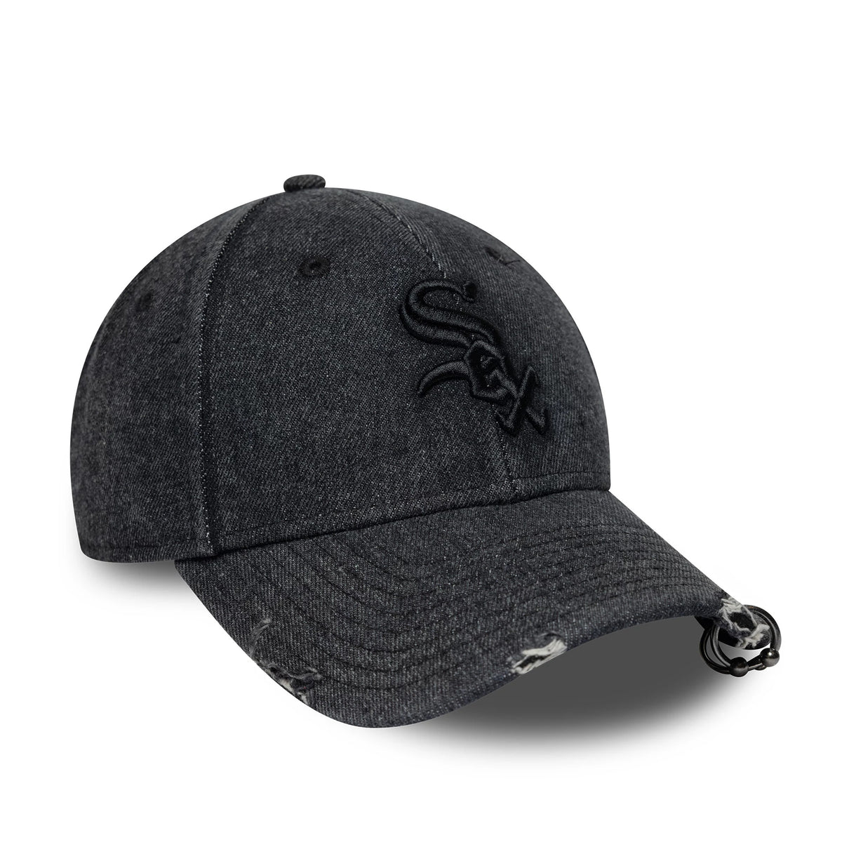 Chicago White Sox MLB Hardware Black New Era 9FORTY Adjustable Denim Cap, three-quarter view showing the black embroidered White Sox logo on the front panel, distressed denim visor, and adjustable strap with buckle at the back.