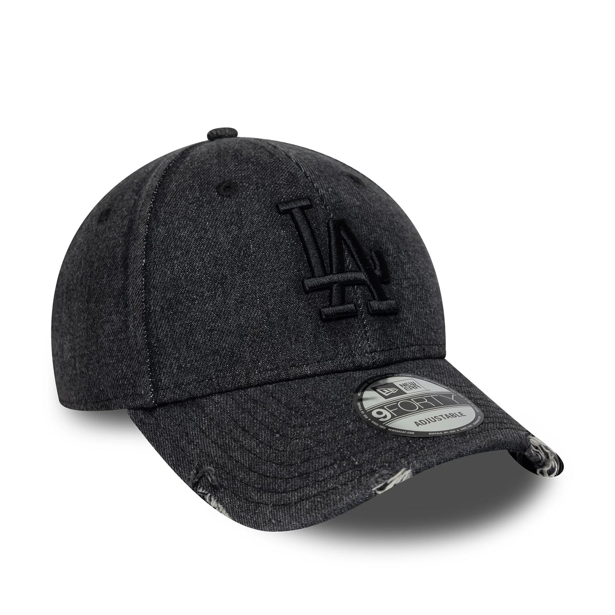LA Dodgers MLB Hardware Black New Era 9FORTY Adjustable Denim Cap, three-quarter view showing the raised black LA logo embroidered on the front panel, curved denim visor with distressed details, and 9FORTY size sticker on the top.
