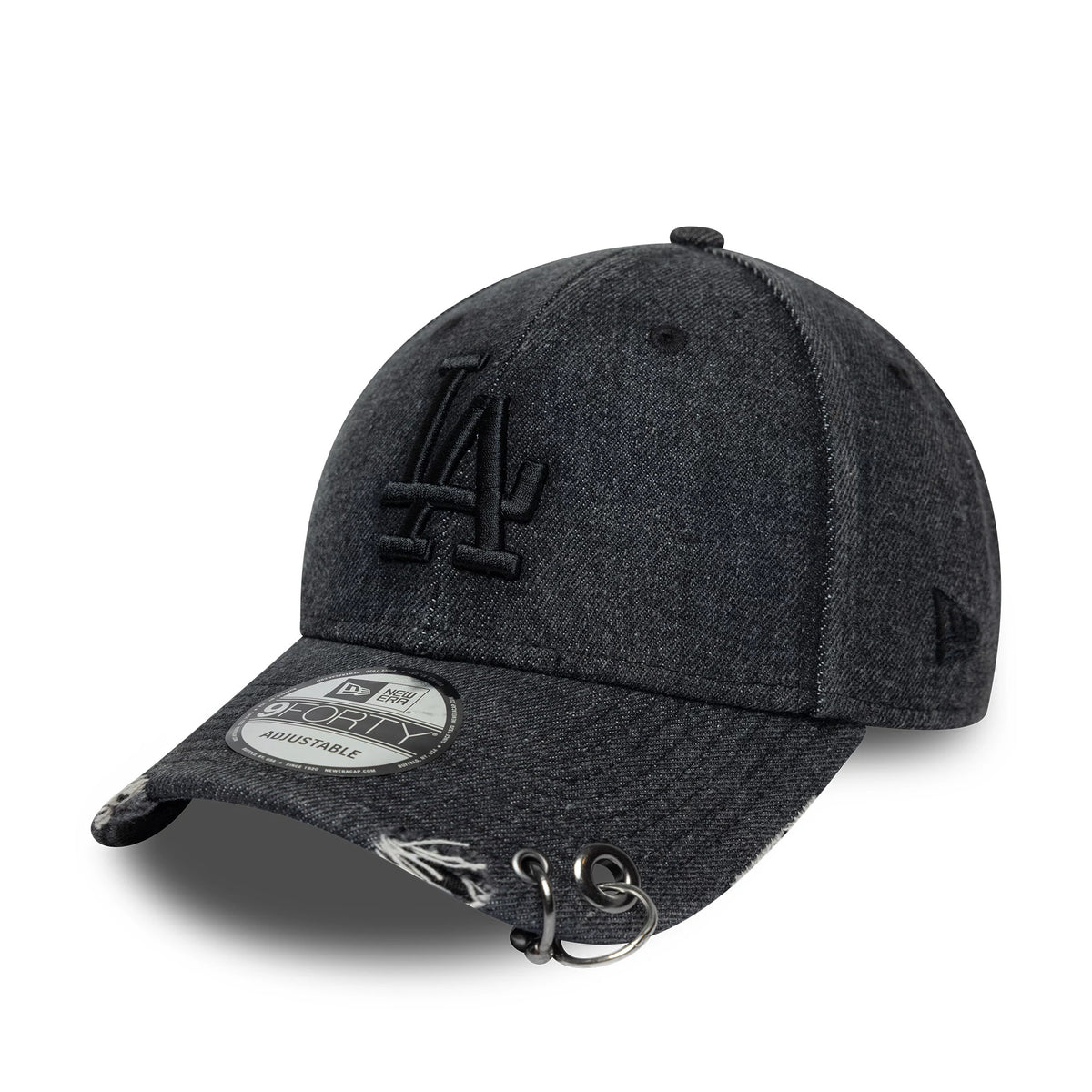 LA Dodgers MLB Hardware Black New Era 9FORTY Adjustable Denim Cap, three-quarter view showing raised black LA logo embroidery on the structured denim crown, with distressed accents and rings on the dark visor, plus a 9FORTY size sticker.