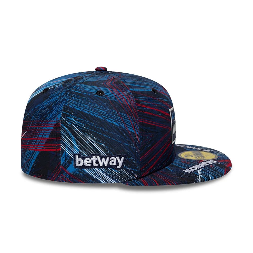 Williams GB Race Special Navy New Era 59FIFTY Fitted Cap, side view showing the embroidered betway logo on the left, a structured navy crown with dynamic blue and red patterns, and a gold 59FIFTY size sticker on the flat visor.