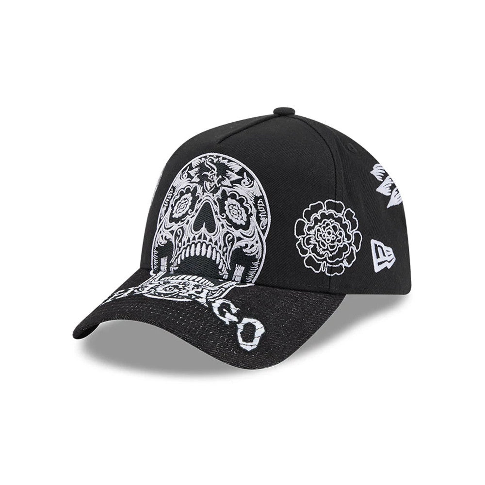 Chicago White Sox MLB Day Of The Dead Black New Era 9FORTY A-Frame Adjustable Cap, three-quarter view showing a white embroidered skull on the front panel, floral patterns on the side, and a New Era flag logo on the left side.