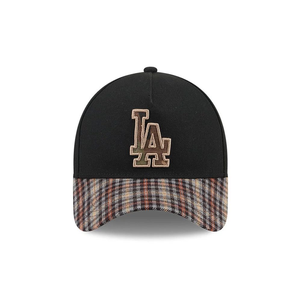 LA Dodgers MLB Fabric Story Black New Era 59FORTY A-Frame Fitted Cap, front view showing the raised embroidered tan LA logo centred on a black crown, with a distinctive plaid patterned visor in shades of brown and grey.