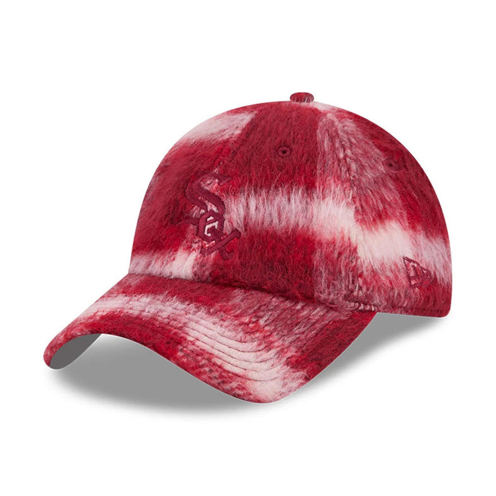 New Era Chicago White Sox MLB Fabric Story Red Casual Classic Adjustable Cap, three-quarter view showing the red and white marbled fabric with raised embroidery of the team logo on the front panel.