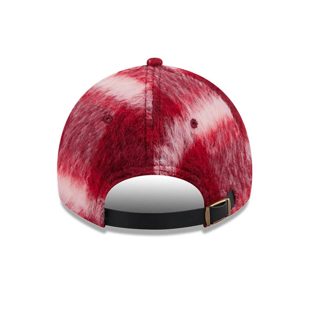 New Era New York Yankees MLB Fabric Story Red Casual Classic Adjustable Cap, rear view showing a plush red and white patterned fabric on the crown, an adjustable black strap with a bronze buckle, and no back logo.