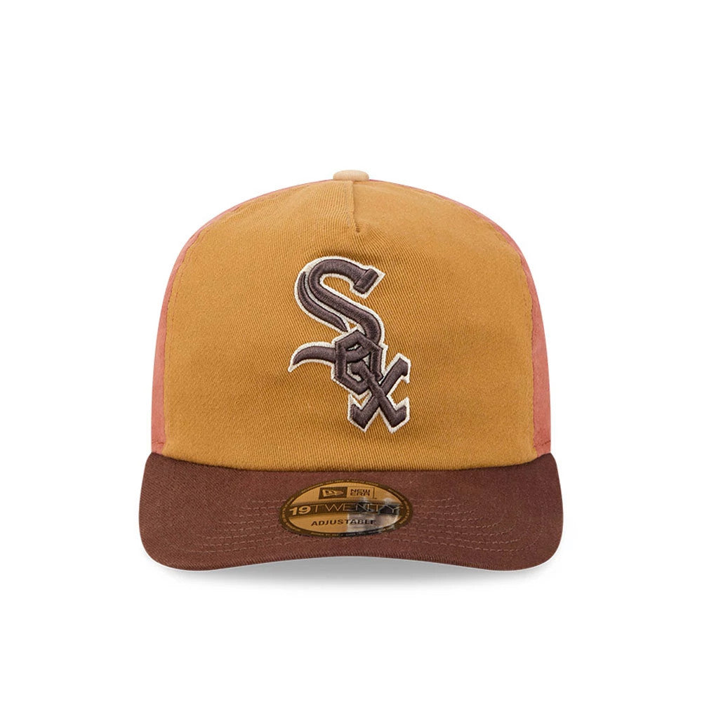 Chicago White Sox MLB Fall Story Multi New Era 19TWENTY Adjustable Cap, front view showing a brown and white embroidered White Sox logo on the crown, a brown curved visor, and a 19TWENTY size sticker at the centre.