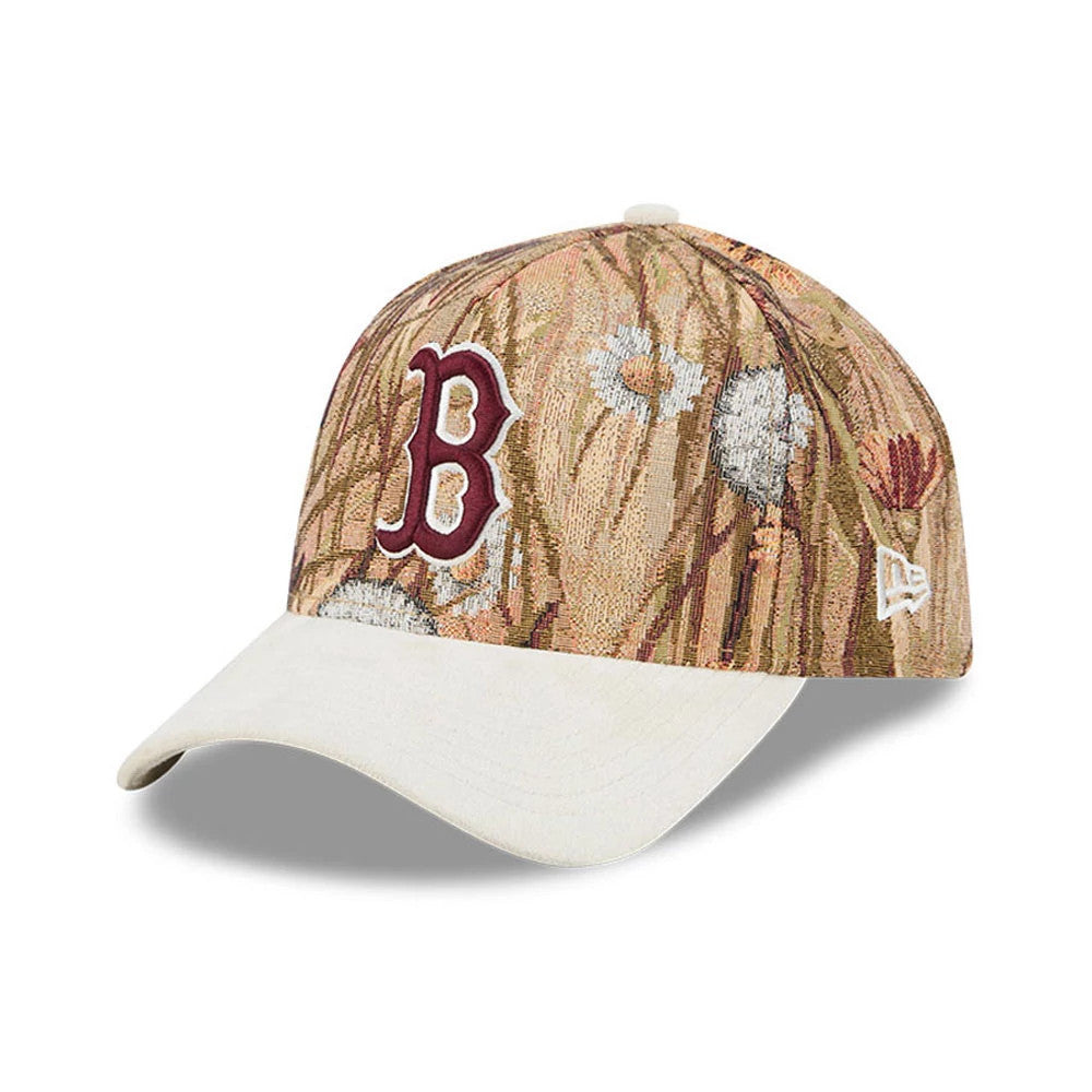 Boston Red Sox MLB Fall Story Brown New Era 59FORTY A-Frame Fitted Cap, three-quarter view showing the brown embroidered Red Sox B logo on the front panel with a natural fall-themed pattern, beige visor.