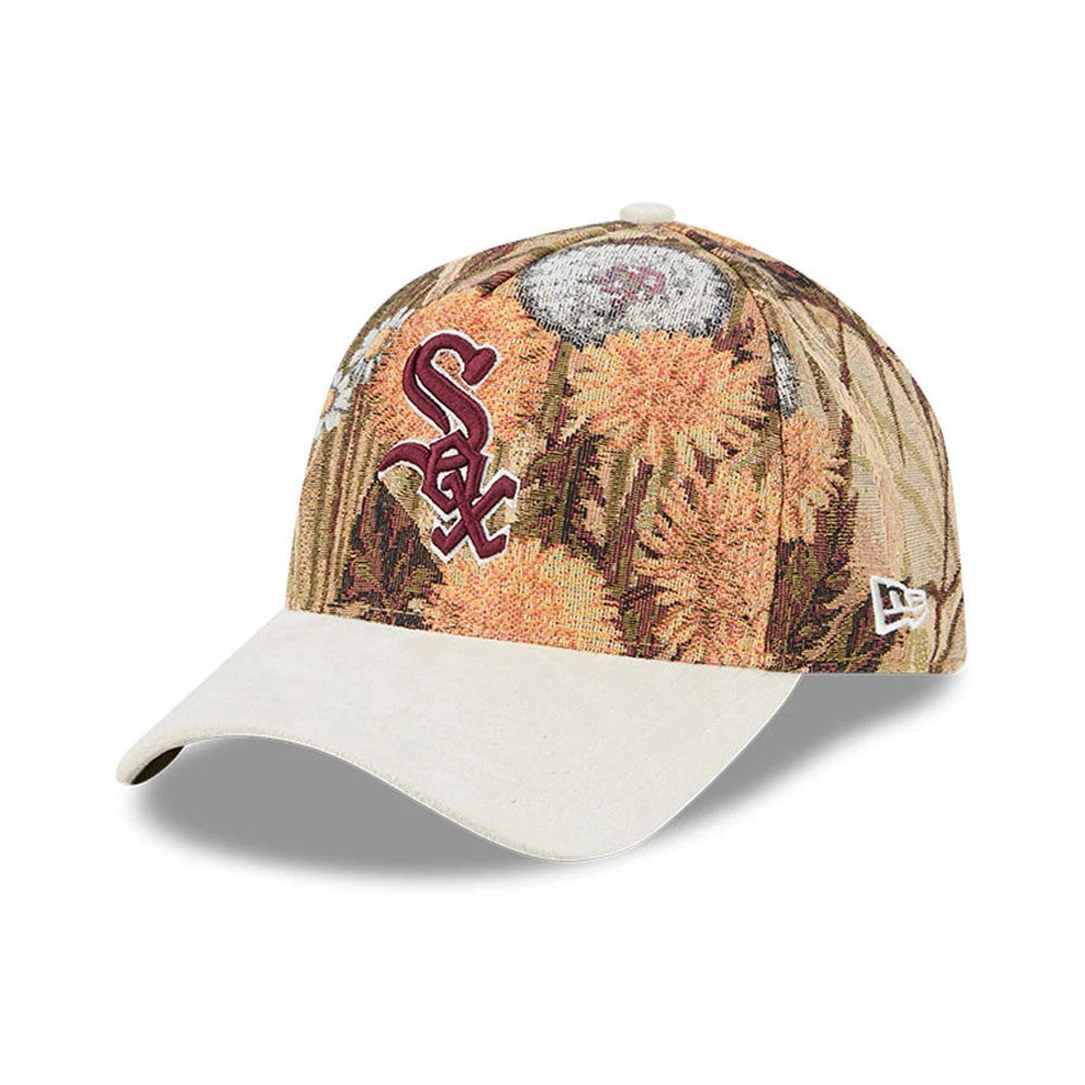Chicago White Sox MLB Fall Story Brown New Era 59FORTY A-Frame Fitted Cap, three-quarter view showing the raised red embroidered Sox logo on the detailed floral pattern crown, beige curved visor, and New Era flag logo on the left side.