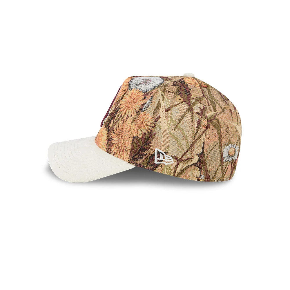 Chicago White Sox MLB Fall Story Brown New Era 59FORTY A-Frame Fitted Cap, side view showing a rich tapestry of fall-inspired floral patterns on the crown, with an off-white visor and the New Era flag logo embroidered on the left side.