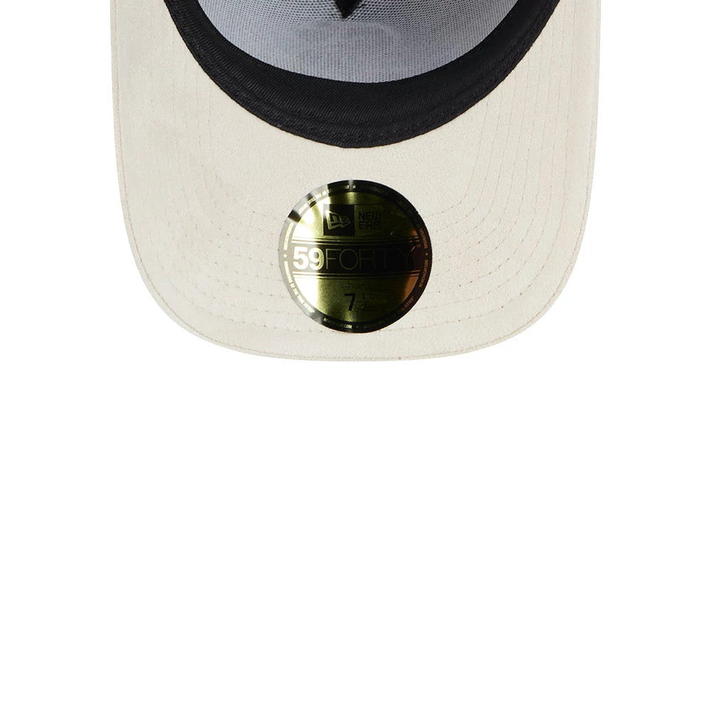 Chicago White Sox MLB Fall Story Brown New Era 59FORTY A-Frame Fitted Cap, inside view showing the black undervisor, grey crown interior fabric, and the gold 59FORTY size sticker on the underside of the cream visor.