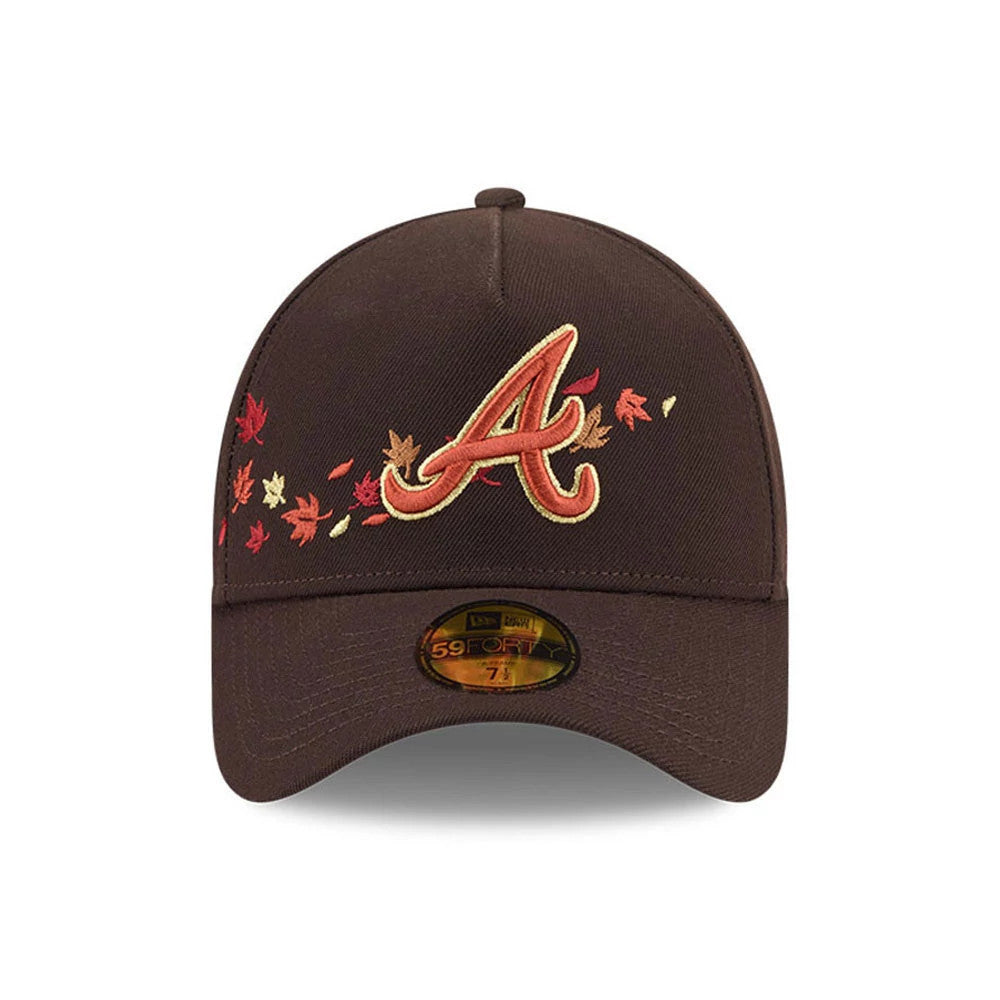 Atlanta Braves MLB Fall Story Dark Brown New Era 59FORTY A-Frame Fitted Cap, front view showing the red and gold embroidered A logo with autumn leaf motifs on the structured dark brown crown and the gold 59FORTY size sticker on the curved visor.