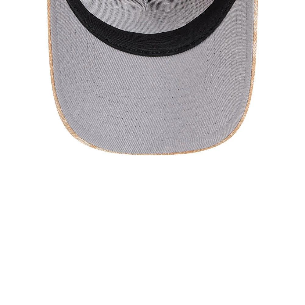 LA Dodgers MLB Fall Story Beige New Era 9FORTY A-Frame Adjustable Cap, inside view showing a grey undervisor, black sweatband encircling the interior, and beige along the visor's edge.