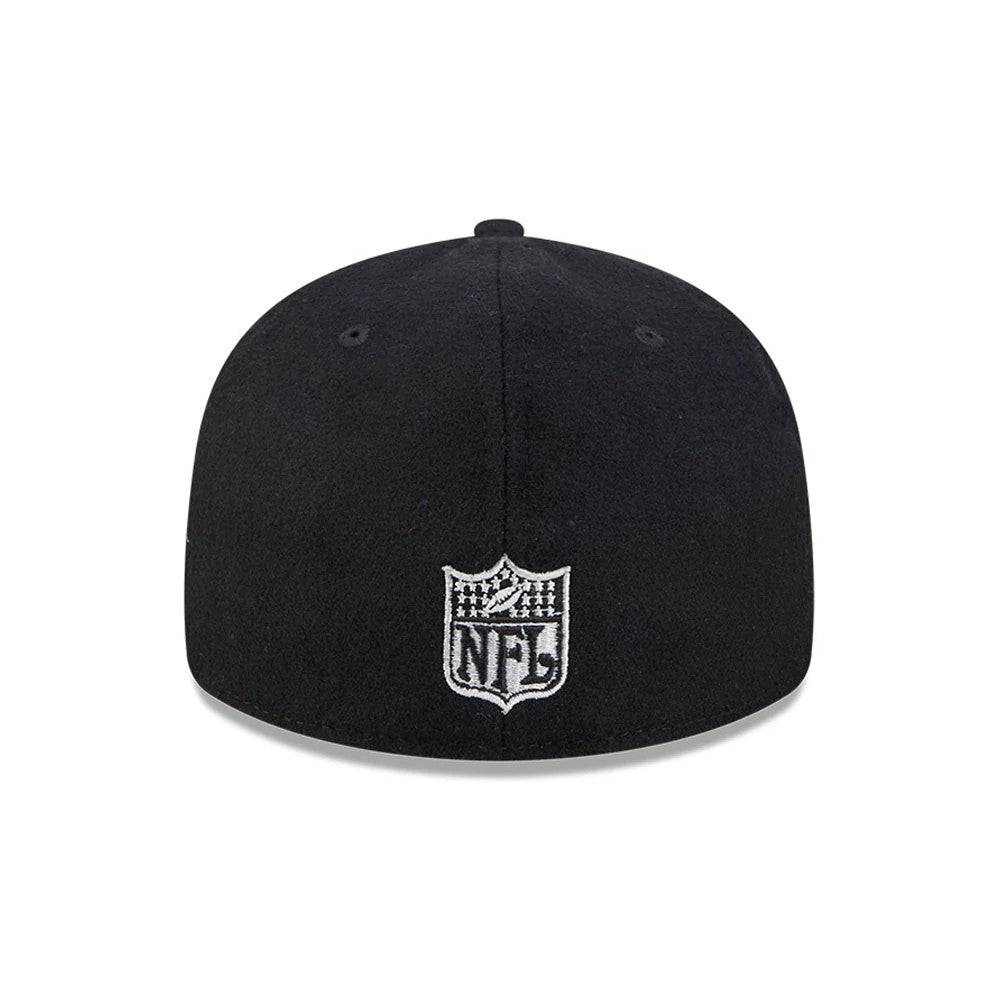 Las Vegas Raiders NFL Historic Arch Black Retro Crown New Era 59FIFTY Fitted Cap, rear view showing the white embroidered NFL logo centred on the back panels, with a structured black crown and matching top button and eyelets.