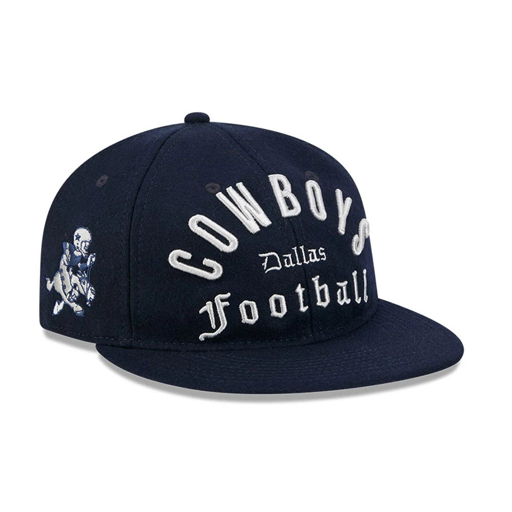 Dallas Cowboys NFL Historic Arch Dark Blue Retro Crown New Era 59FIFTY Fitted Cap, front view showing raised white embroidered Cowboys text arched across the front panel, a matching dark blue flat visor, and a player graphic on the right side.