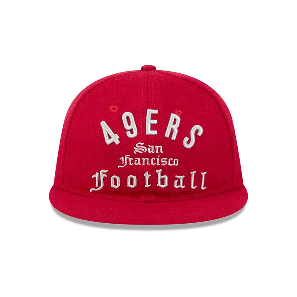 San Francisco 49ers NFL Historic Arch Red Retro Crown New Era 59FIFTY Fitted Cap, front view showing raised white 49ERS embroidery, San Francisco Football text in the centre, and a matching red curved visor beneath the crown.