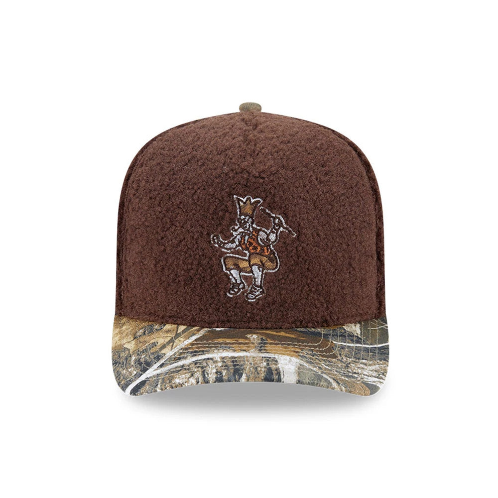 Boston Celtics NBA Hardwood Classic Brown New Era 59FIFTY A-Frame Fitted Cap, front view showing the embroidered Celtics leprechaun logo on the brown textured crown, with a unique camouflage-patterned visor.