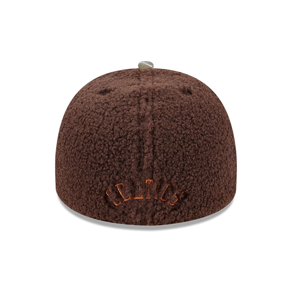 Boston Celtics NBA Hardwood Classic Brown New Era 59FIFTY A-Frame Fitted Cap, rear view showing CELTICS in orange raised embroidery on the brown textured crown, with a central top button and matching brown eyelets.