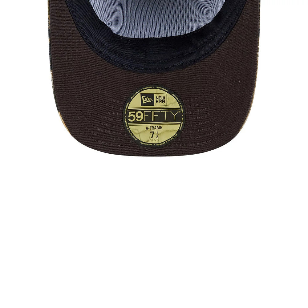 New York Knicks NBA Hardwood Classic Brown New Era 59FIFTY A-Frame Fitted Cap, inside view showing the contrasting black sweatband, the soft grey undervisor, and the prominent gold 59FIFTY size sticker on the brown visor.