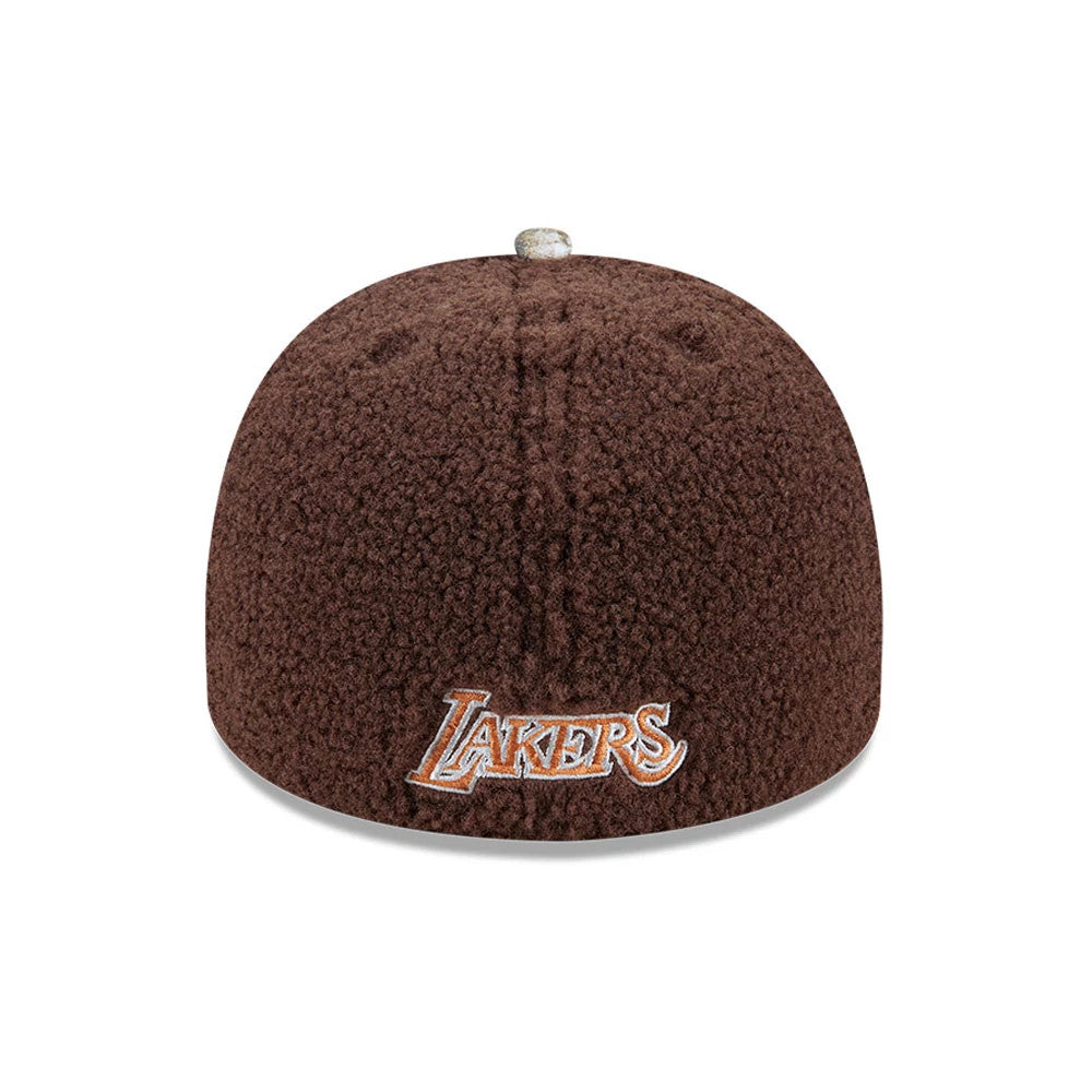 LA Lakers NBA Hardwood Classic Brown New Era 59FIFTY A-Frame Fitted Cap, rear view showing the brown textured crown with the NBA logo embroidered in white and brown on the lower edge, and matching top button.