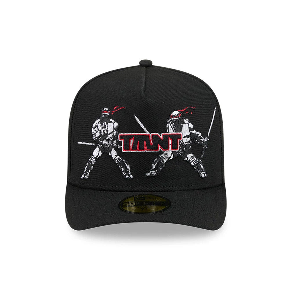 Teenage Mutant Ninja Heroes Black New Era 59FIFTY A-Frame Fitted Cap, front view showing raised embroidery of two ninjas and TMNT lettering in black and red, flat black visor with a gold 59FIFTY size sticker on the upper part.