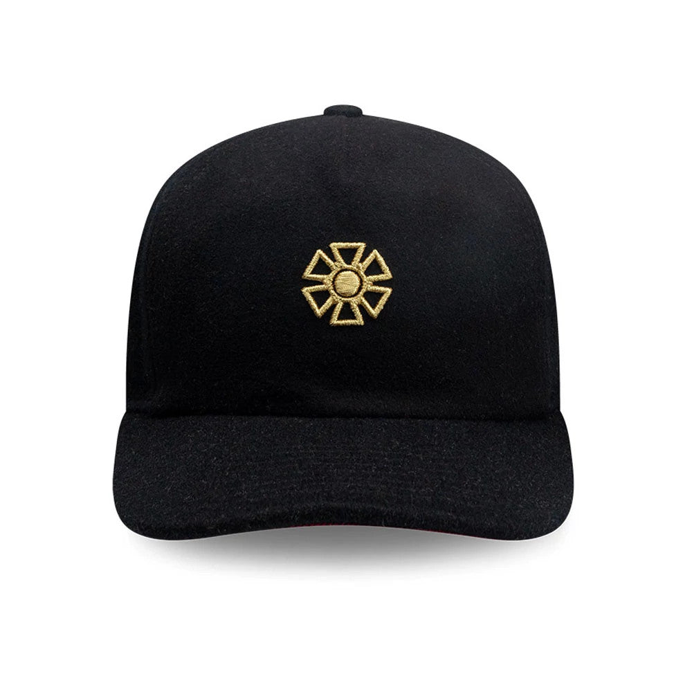 New Era X Omerta Balvin Black 19TWENTY Adjustable Cap, inside view showing the burgundy undervisor with stitching, black interior sweatband, and labelled taping along the headband reading New Era and 19TWENTY.
