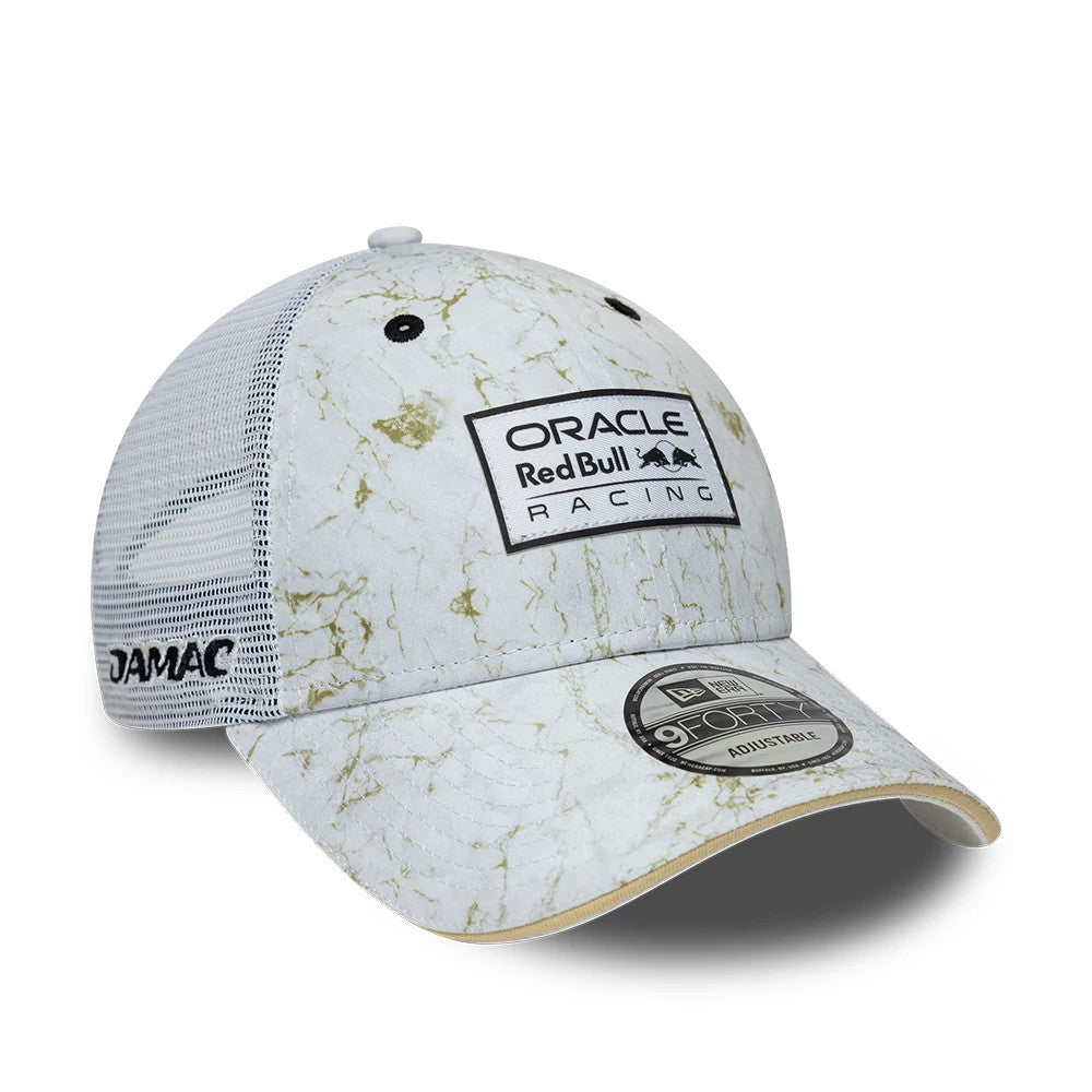 Red Bull Racing Abu Dhabi Race Special White New Era 9FORTY Adjustable Cap, three-quarter view showing the embroidered Oracle Red Bull Racing logo on the front panel, mottled white and green marble effect, and 9FORTY size sticker on the curved visor.