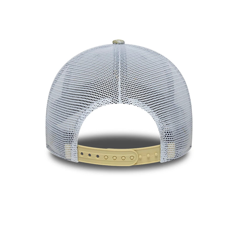 Red Bull Racing Abu Dhabi Race Special White New Era 9FORTY Adjustable Cap, rear view showing the white mesh back panels with a structured design, a beige adjustable strap with multiple holes, and a top button.