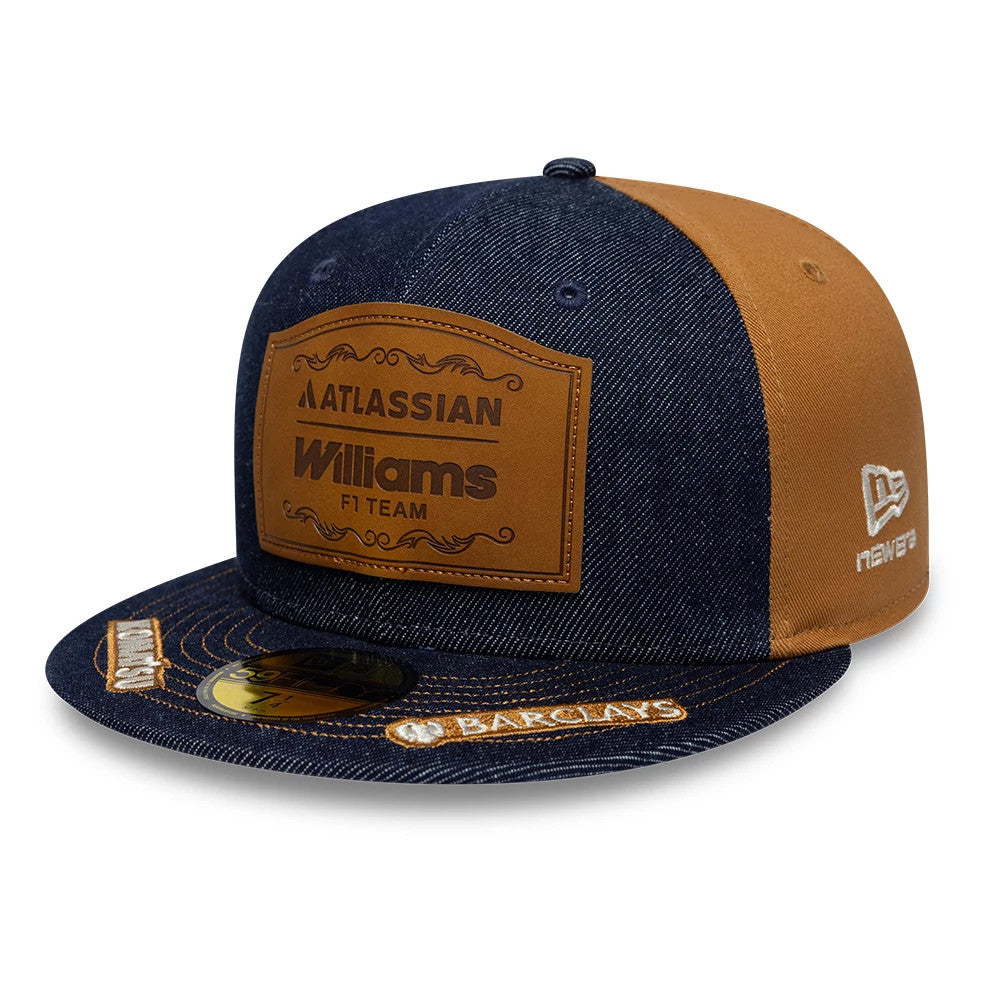 Williams Team Austin Race Special Navy New Era 59FIFTY Fitted Cap, three-quarter view showing a brown front patch with embroidered sponsor logos, a structured navy crown with brown side panels.