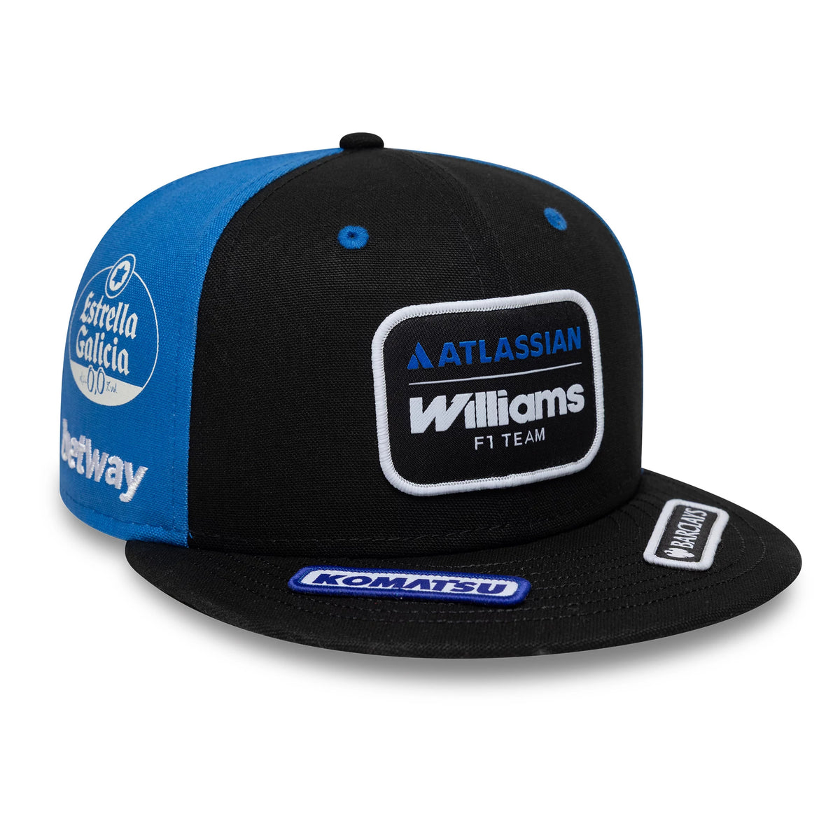 Williams Vegas Race Special Black New Era 59FIFTY Fitted Cap, three-quarter view showing a prominent black and white embroidered Williams F1 Team logo on the front panel, blue side panels with sponsor logos.