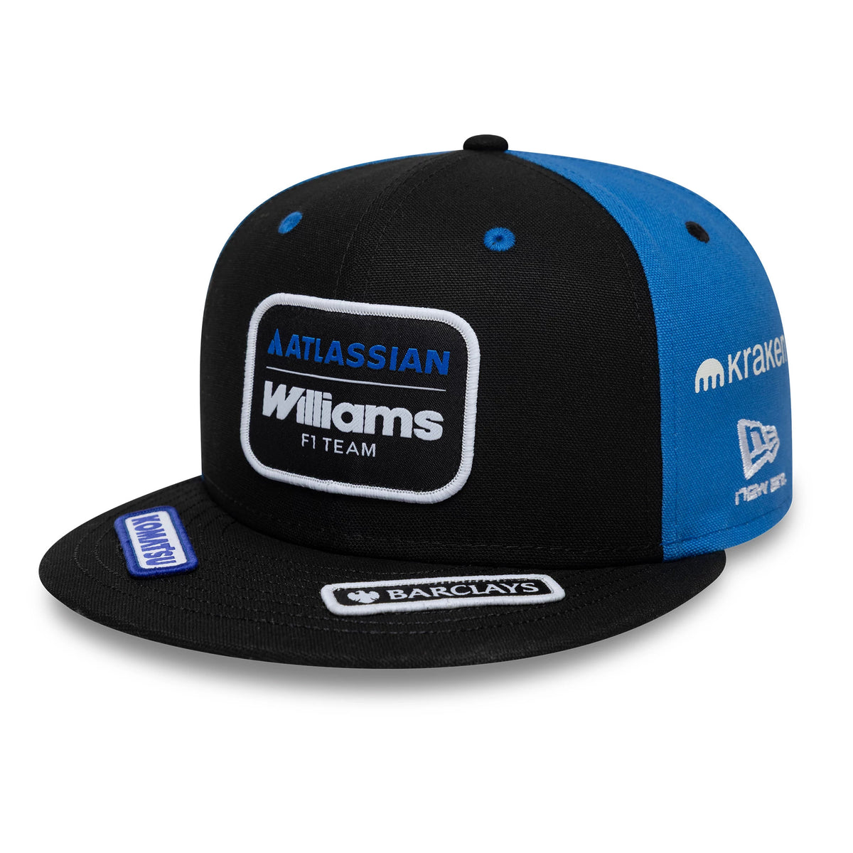 Williams Vegas Race Special Black New Era 59FIFTY Fitted Cap, front view showing an embroidered Atlassian Williams F1 Team logo on the centre front panel with bright blue side panels, a black flat visor, and sponsor patches on the visor.