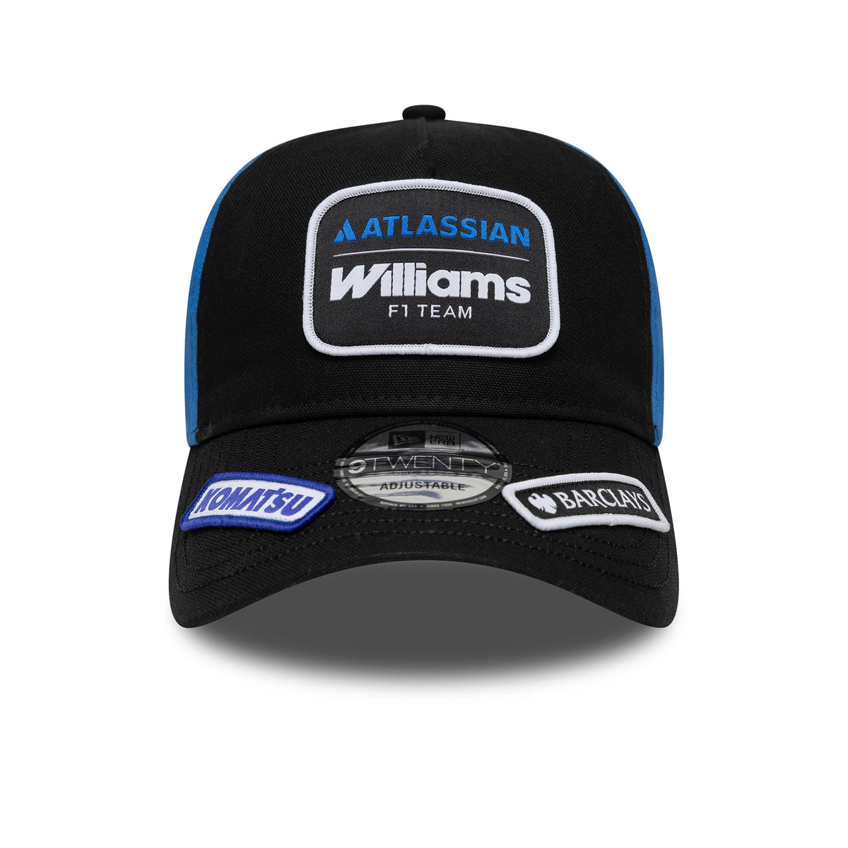 Williams Alex Albon Vegas Race Special Black New Era 9TWENTY A-Frame Adjustable Cap, front view showing the embroidered Williams F1 Team patch in white on the black crown, with the 9TWENTY size sticker on the black curved visor.