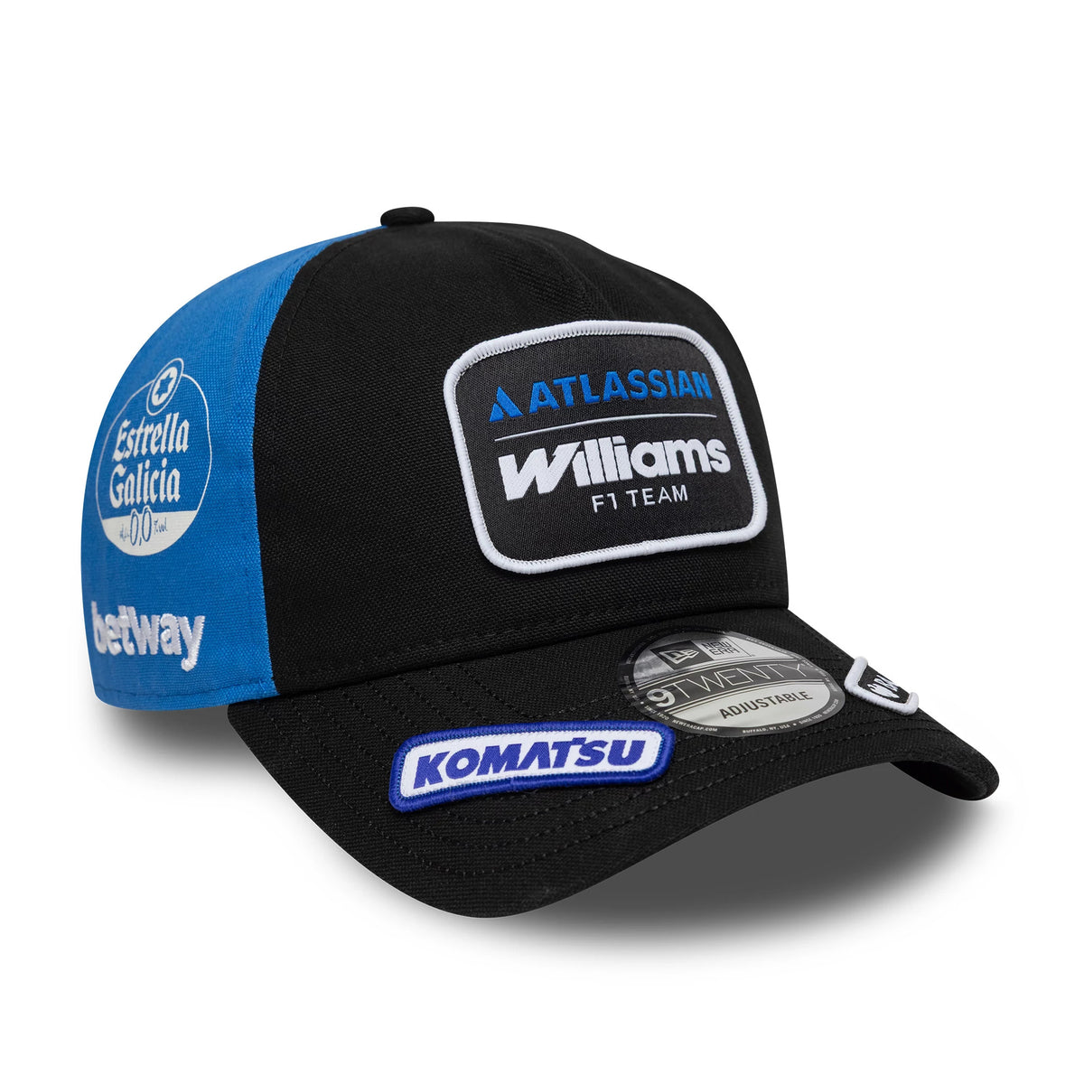 Williams Carlos Sainz Vegas Race Special Black New Era 9TWENTY A-Frame Adjustable Cap, three-quarter view showing raised Williams F1 Team logo with Atlassian text on the front, black visor with Komatsu embroidery, and size sticker.