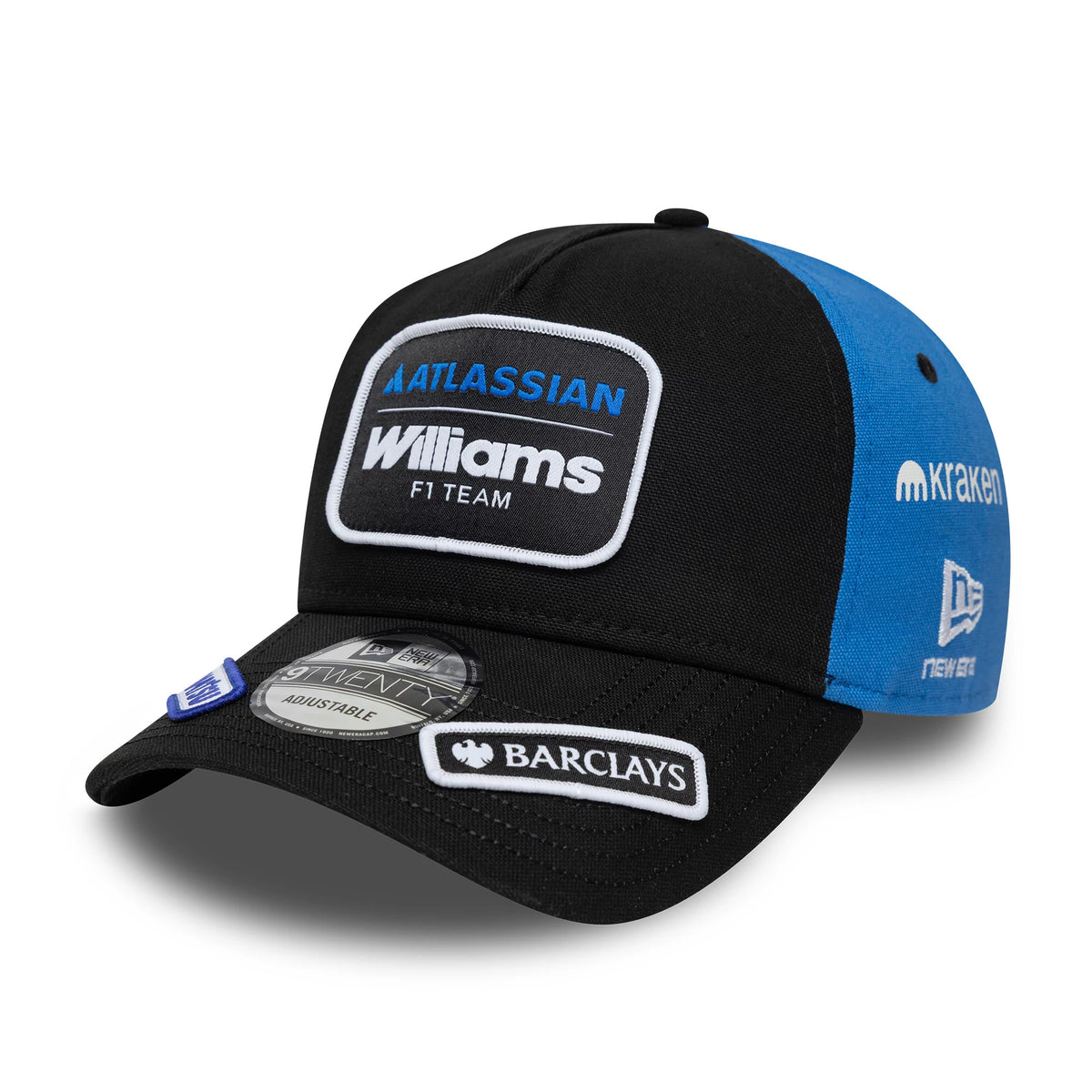 Williams Carlos Sainz Vegas Race Special Black New Era 9TWENTY A-Frame Adjustable Cap, three-quarter view showing the embroidered Williams F1 Team logo with Atlassian branding on the front panel, blue side panels.