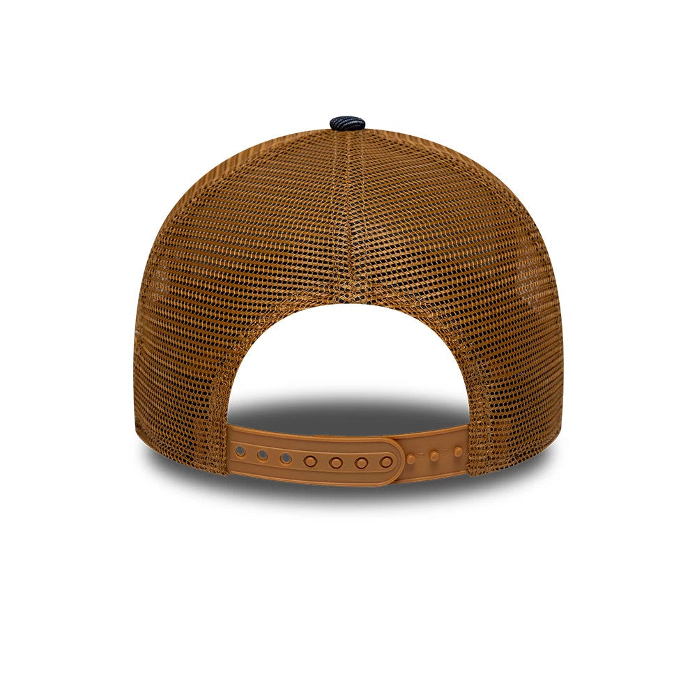 Williams Team Austin Race Special Navy New Era 9FORTY E-Frame Trucker Adjustable Cap, rear view showing a brown mesh back and a matching adjustable snap closure, complemented by a navy top button on the structured crown.