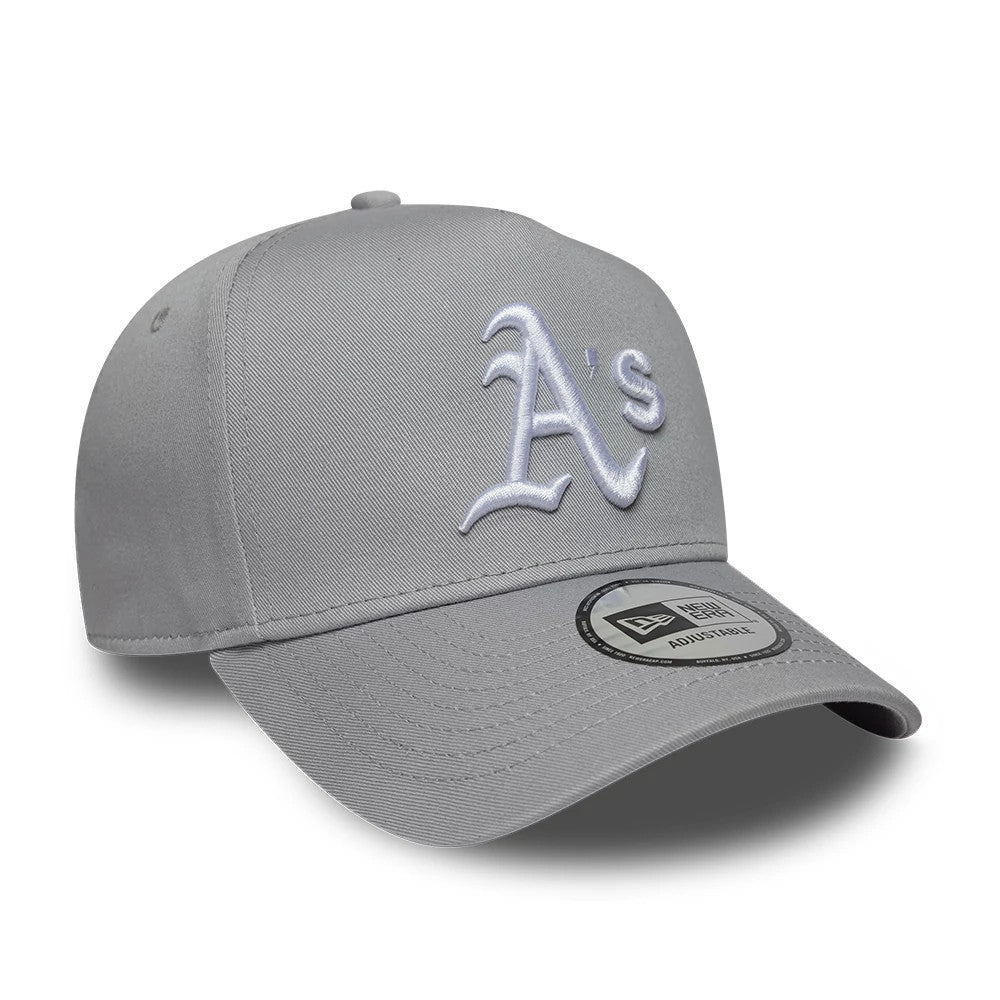 Athletics MLB League Essential Grey New Era 9FORTY E-Frame Adjustable Cap, three-quarter view showing the raised white embroidered A’s logo on the front panel, grey curved visor with a 9FORTY size sticker, and matching top button and eyelets.