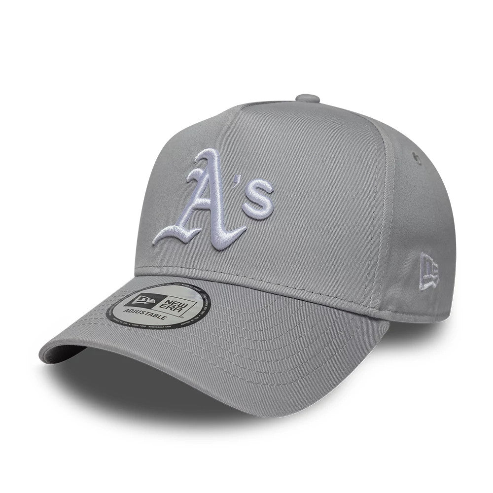 Athletics MLB League Essential Grey New Era 9FORTY E-Frame Adjustable Cap, front view showing the raised white embroidered A's logo on the structured grey crown, with a curved visor and a 9FORTY size sticker on the right.