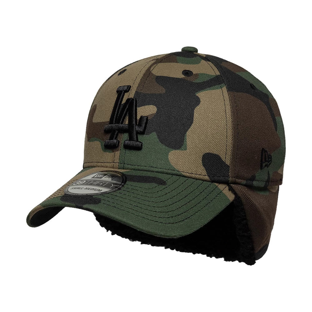 Pictured is this MLB LA Dodgers 39THIRTY Downflap Stretch Fit cap in woodland camo.. 4