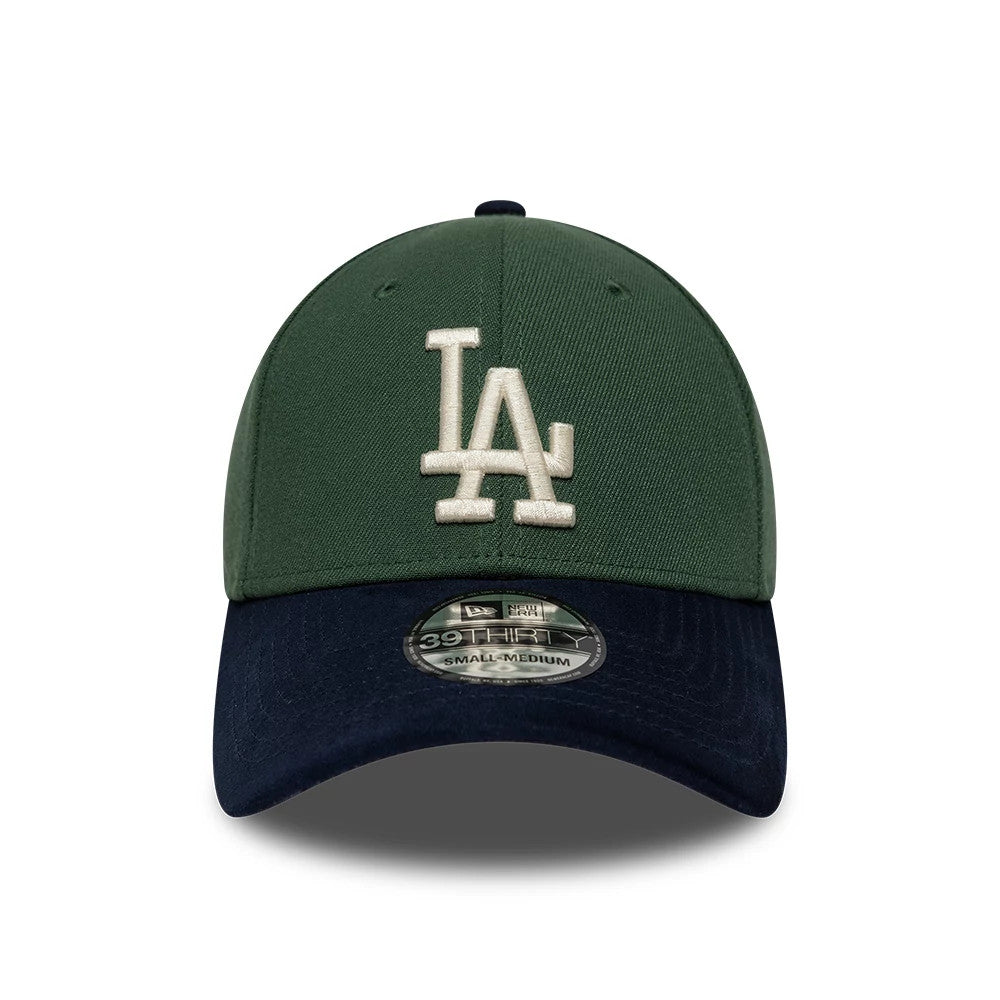 LA Dodgers MLB Faux Suede Dark Green & Navy New Era 39THIRTY Stretch Fit Cap, front view showing the white embroidered LA logo on the dark green front panel, with a navy curved visor and a 39THIRTY size sticker on top.