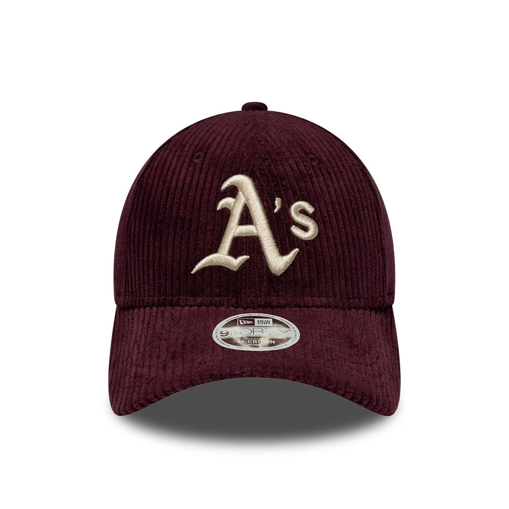 Athletics Womens MLB Chunky Cord Dark Purple New Era 9FORTY M-Crown Adjustable Cap, front view showing the raised A's logo in beige embroidery on the dark purple corduroy textured crown, with a 9FORTY size sticker centred on the curved visor.