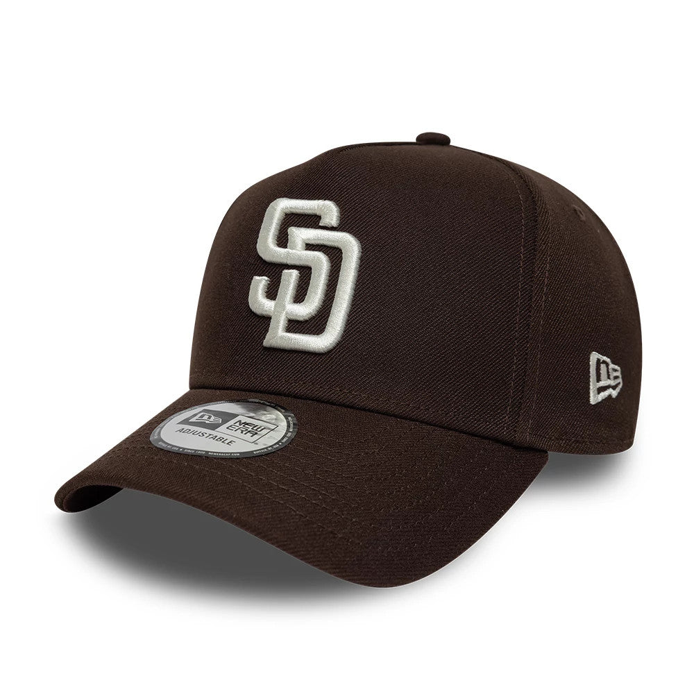 Padres MLB Mythical Icon Dark Brown New Era 9FORTY E-Frame Adjustable Cap, three-quarter view showing a raised white embroidered SD logo on the front panel, a curved visor with a 9FORTY size sticker, and the New Era flag logo on the left side.