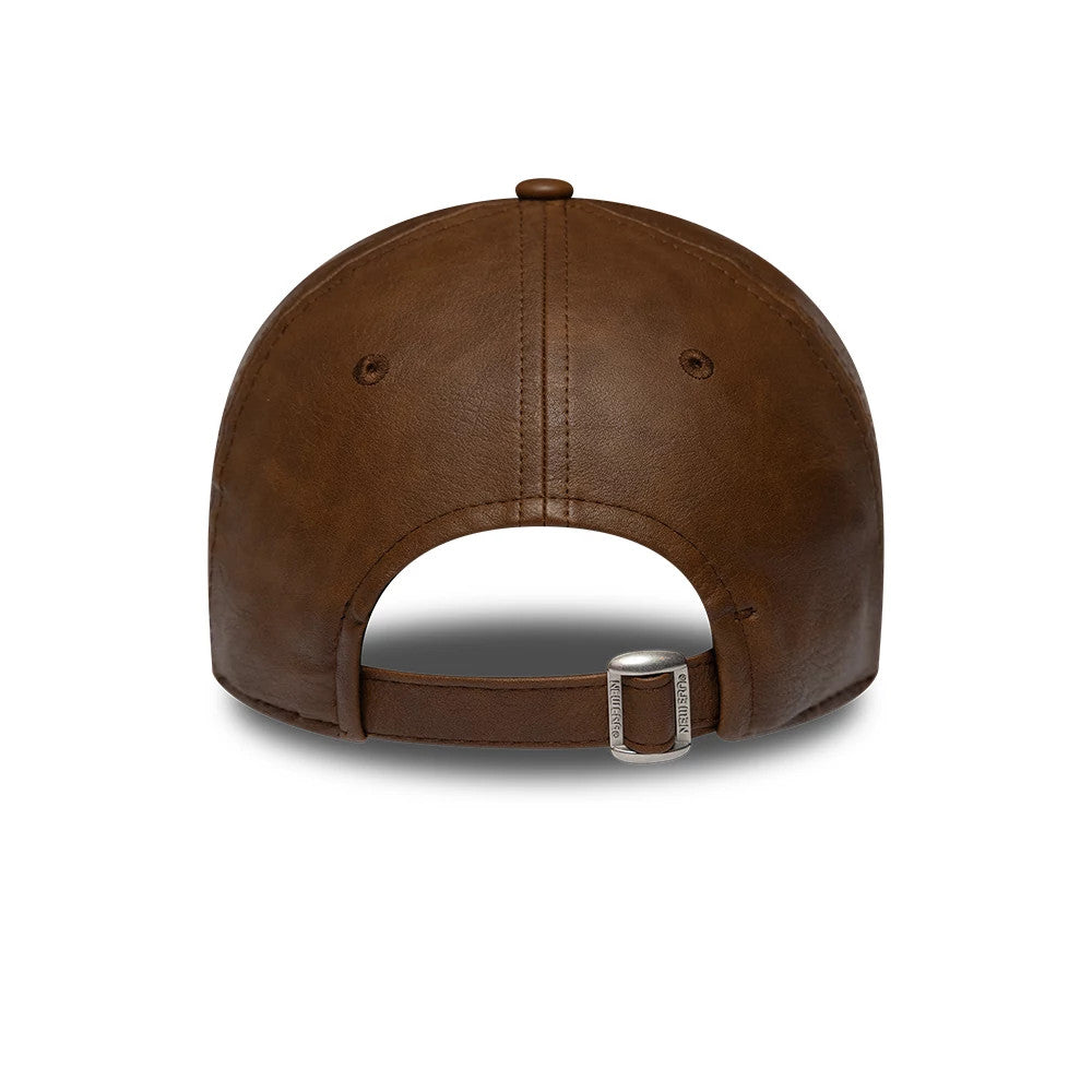 Athletics Womens MLB Washed PU Brown New Era 9TWENTY Adjustable Cap, rear view showing the brown PU leather finish, two eyelets on the back panels, and a buckle on the brown strap, adding style and adjustability.