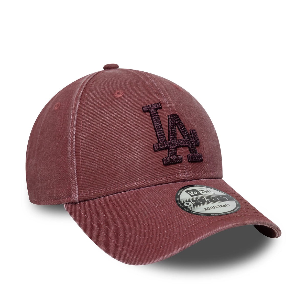 LA Dodgers MLB Ombre Dark Red New Era 9FORTY Adjustable Cap, three-quarter view showing a black embroidered LA logo on the front panel, curved dark red visor with a 9FORTY size sticker, and matching eyelets and top button.