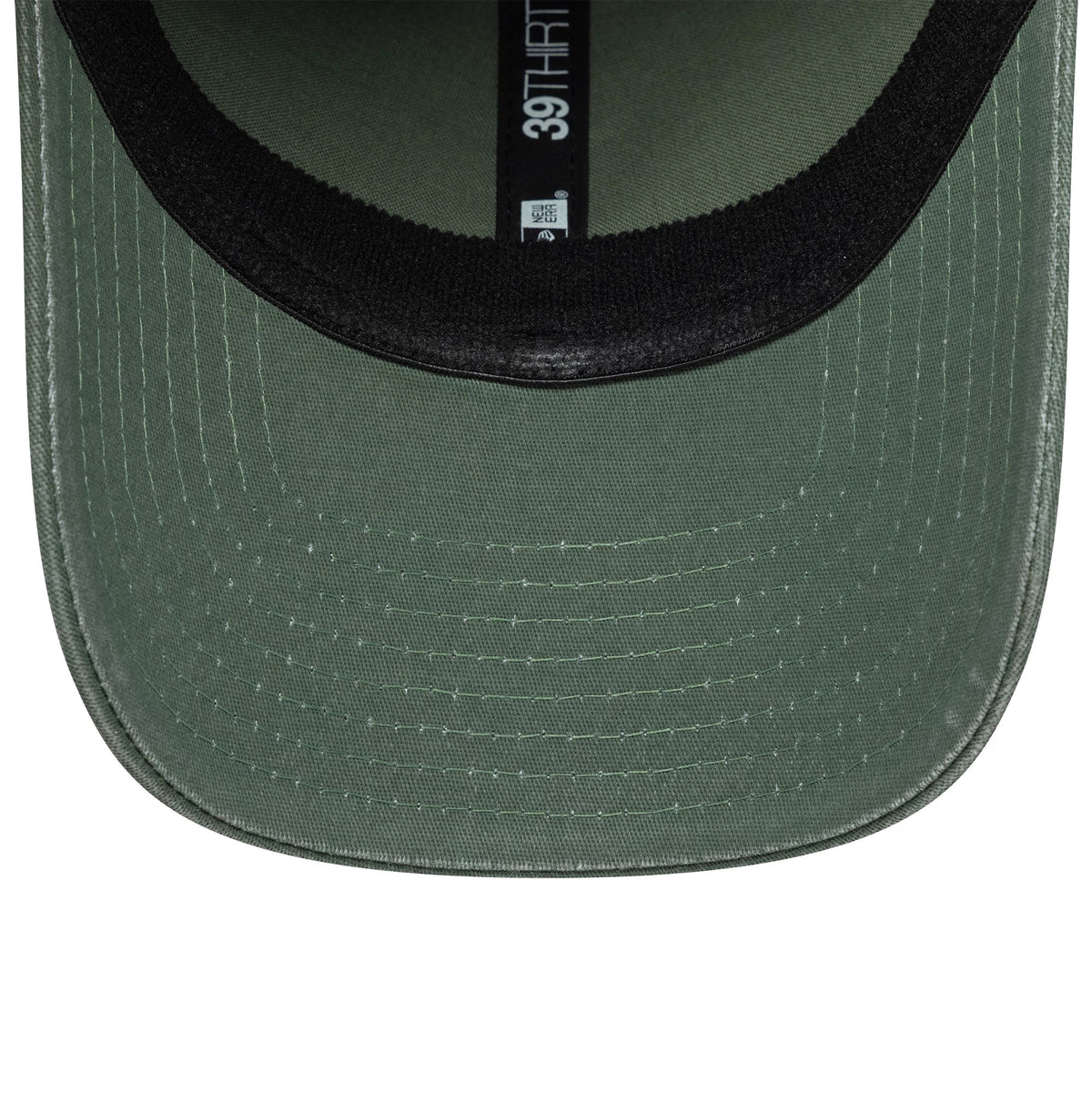 New Era Ombre Dark Green 39THIRTY Stretch Fit Cap, inside view showing the black sweatband along the edge, green undervisor with white stitching detail, and the 39THIRTY label on the interior taping.