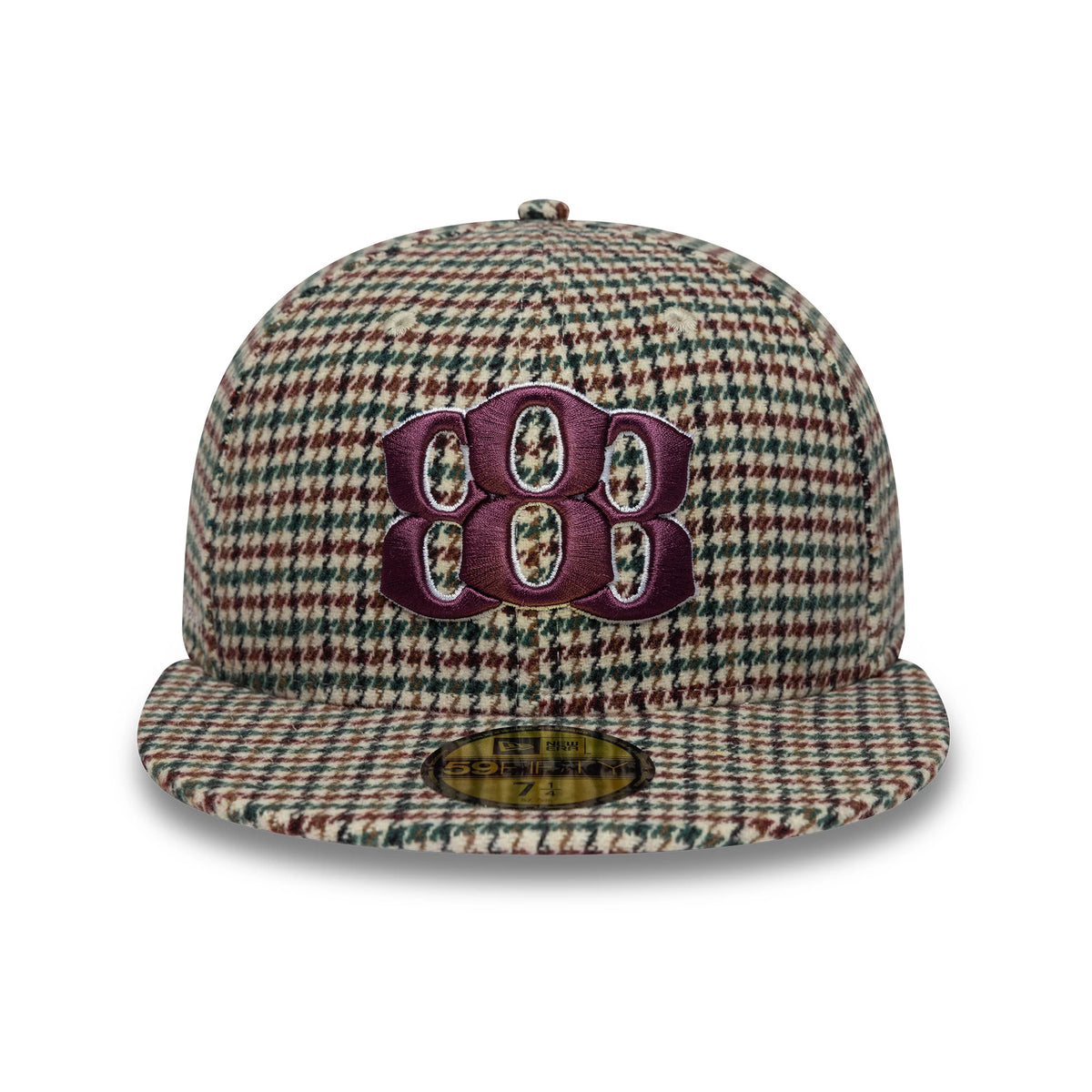 Kesi x New Era Multi 59FIFTY Fitted Cap, front view showing a purple embroidered logo on the structured multi-coloured houndstooth pattern crown, flat visor, and featuring a gold 59FIFTY size sticker on the visor.