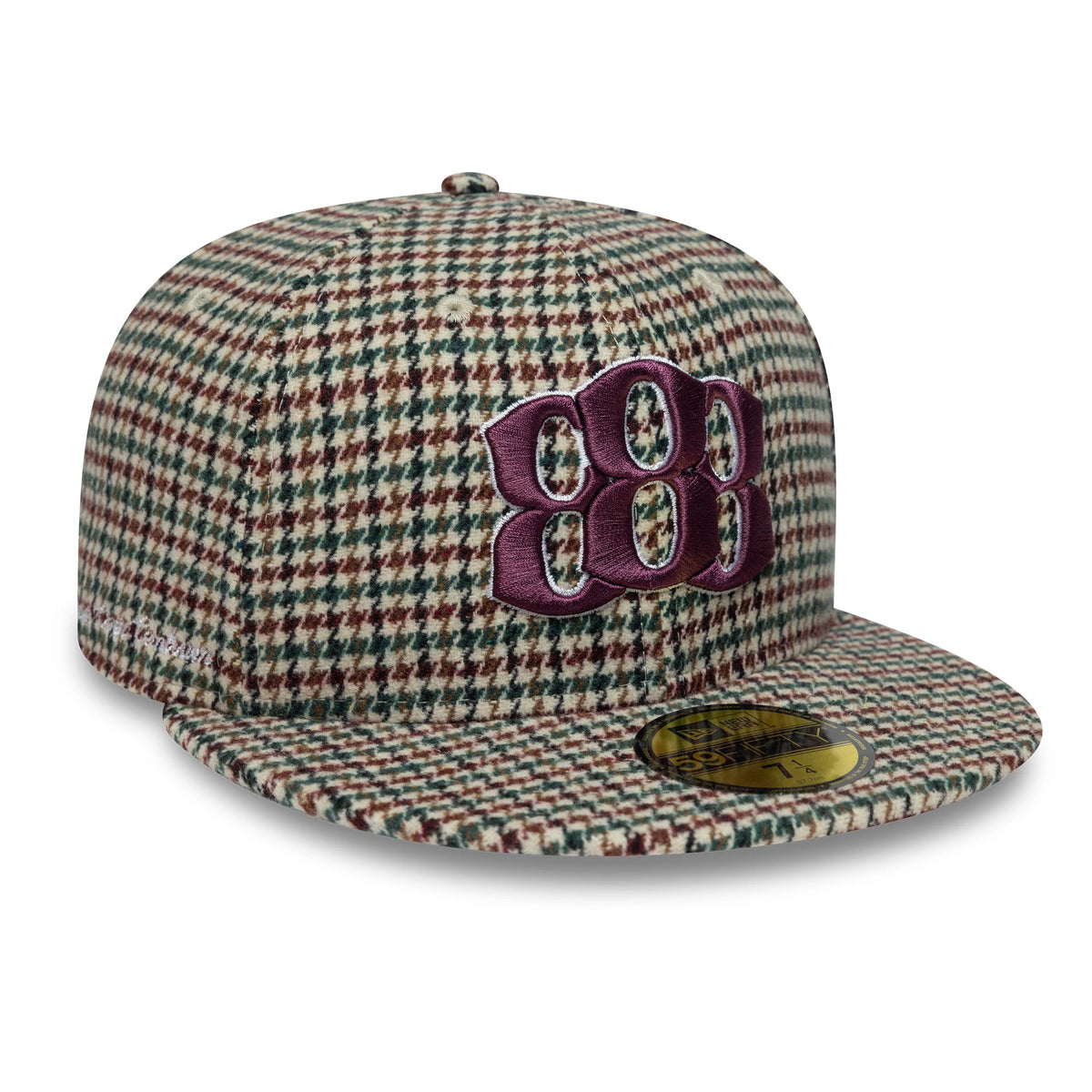 Kesi x New Era Multi 59FIFTY Fitted Cap, three-quarter view showing a purple and pink raised embroidered logo on the front panel, with a gold 59FIFTY size sticker on the flat multicoloured visor and intricate houndstooth pattern across the crown.