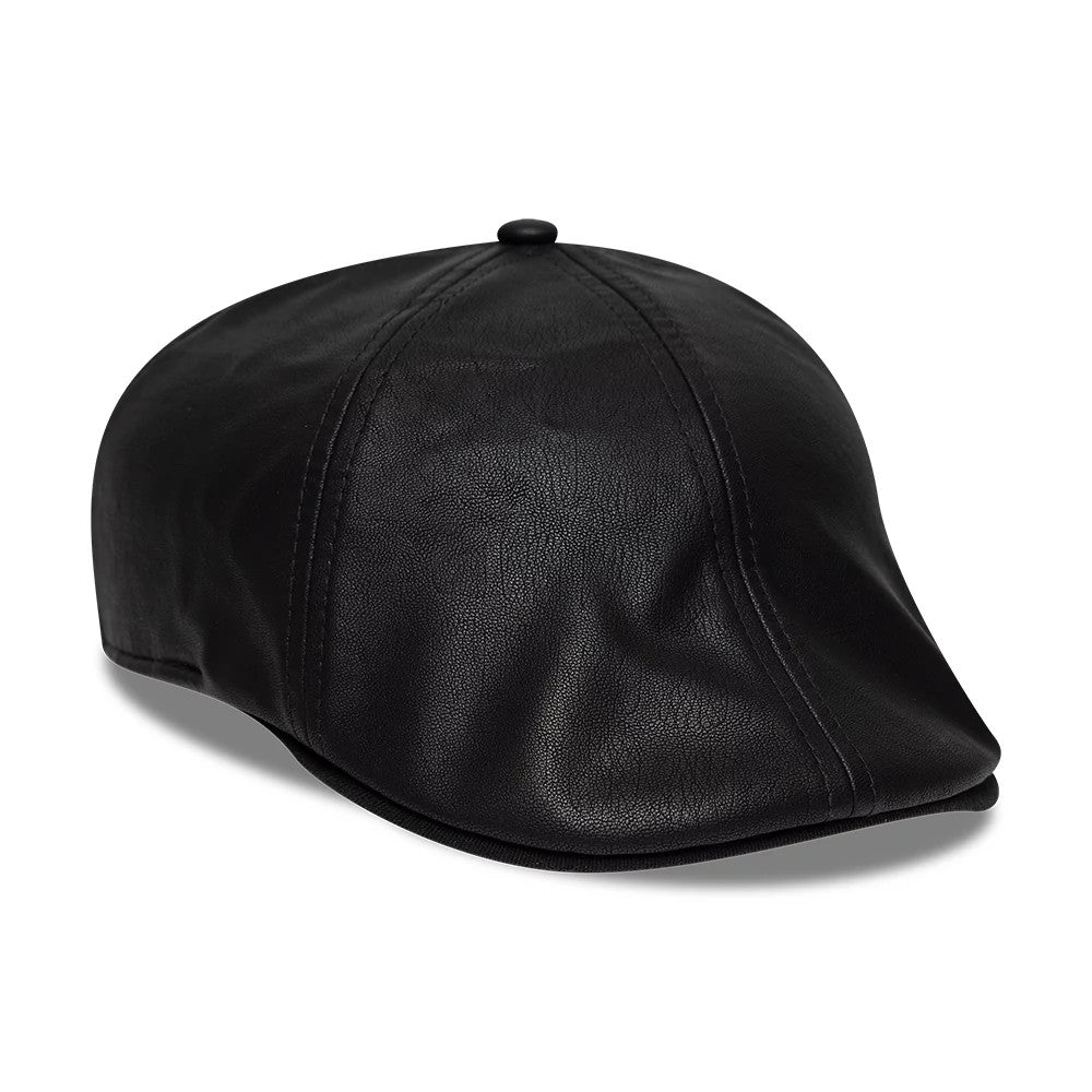 New Era PU Black Duckbill Cap, three-quarter view showing the black PU material with texture, curved visor designed for a profile, and a top button centred on the multi-panel structured crown.