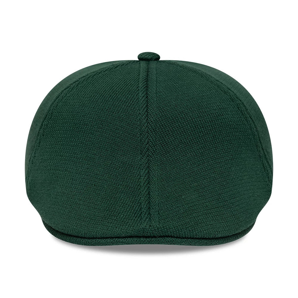 New Era New York Yankees MLB Knitted Dark Green Duckbill Cap, rear view showing the seamless dark green knitted design with a rounded top button and elegantly defined panel seams, offering a and structured look from the back.