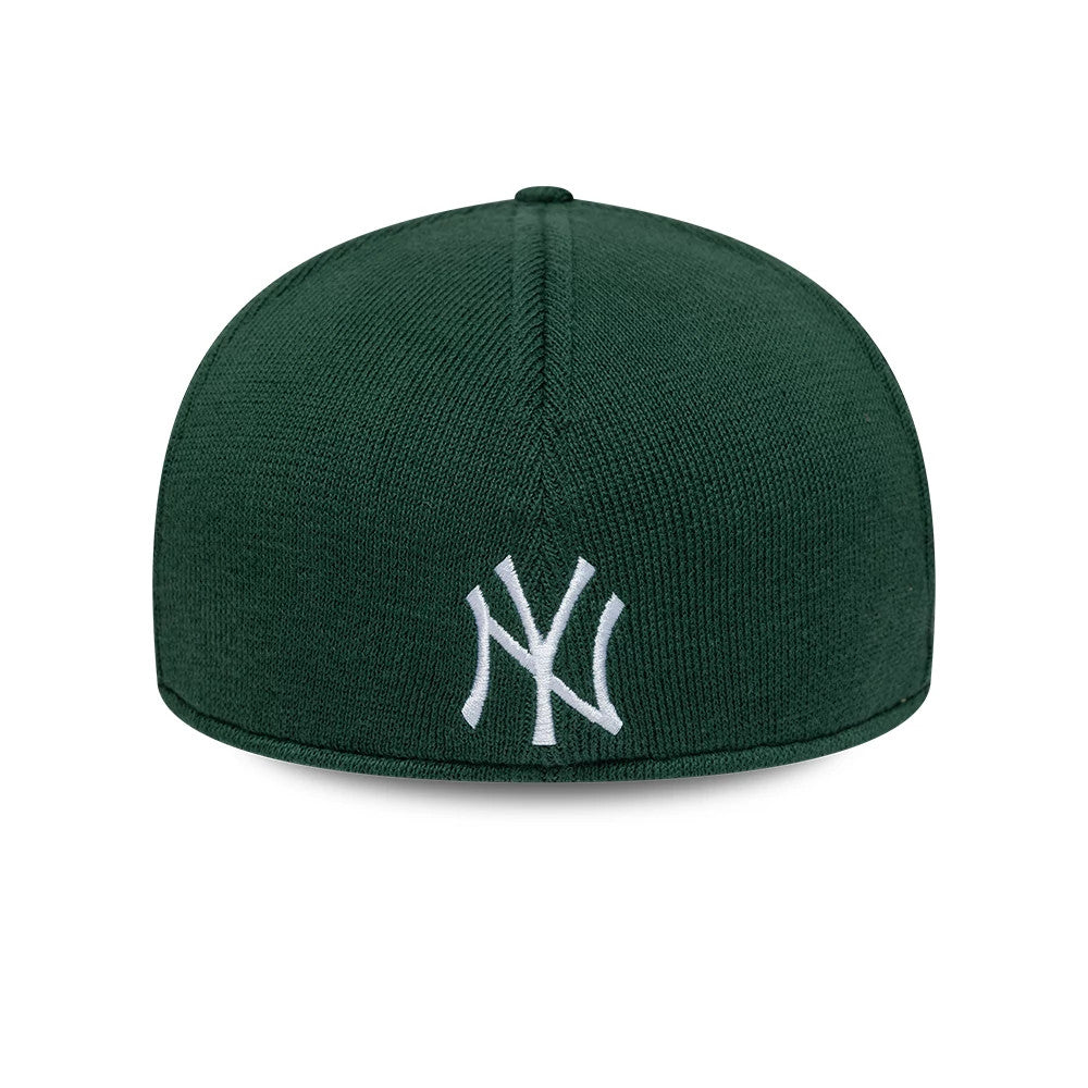 New Era New York Yankees MLB Knitted Dark Green Duckbill Cap, rear view showing the white embroidered New York Yankees logo centred on the knitted dark green crown, with a streamlined duckbill shape and seamless construction.