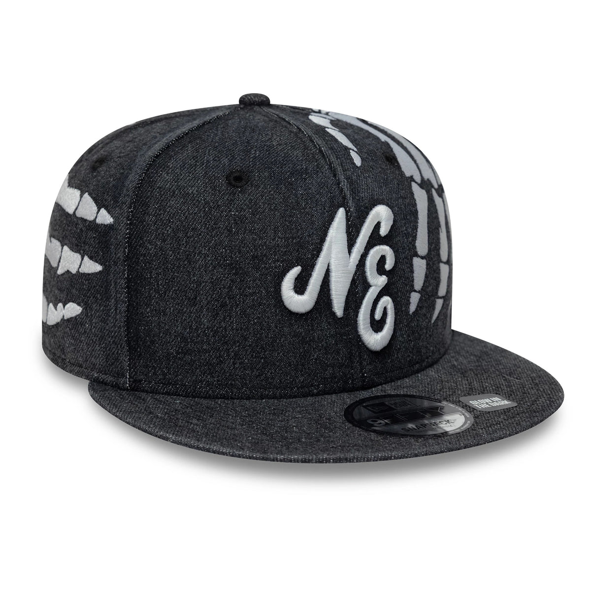 New Era Halloween Glow In The Dark Hands Black New Era 9FIFTY Snapback Adjustable Cap, front view showing raised white NE embroidery on the front panel, black flat visor with the 9FIFTY size sticker, and skeletal hand graphics on the crown.