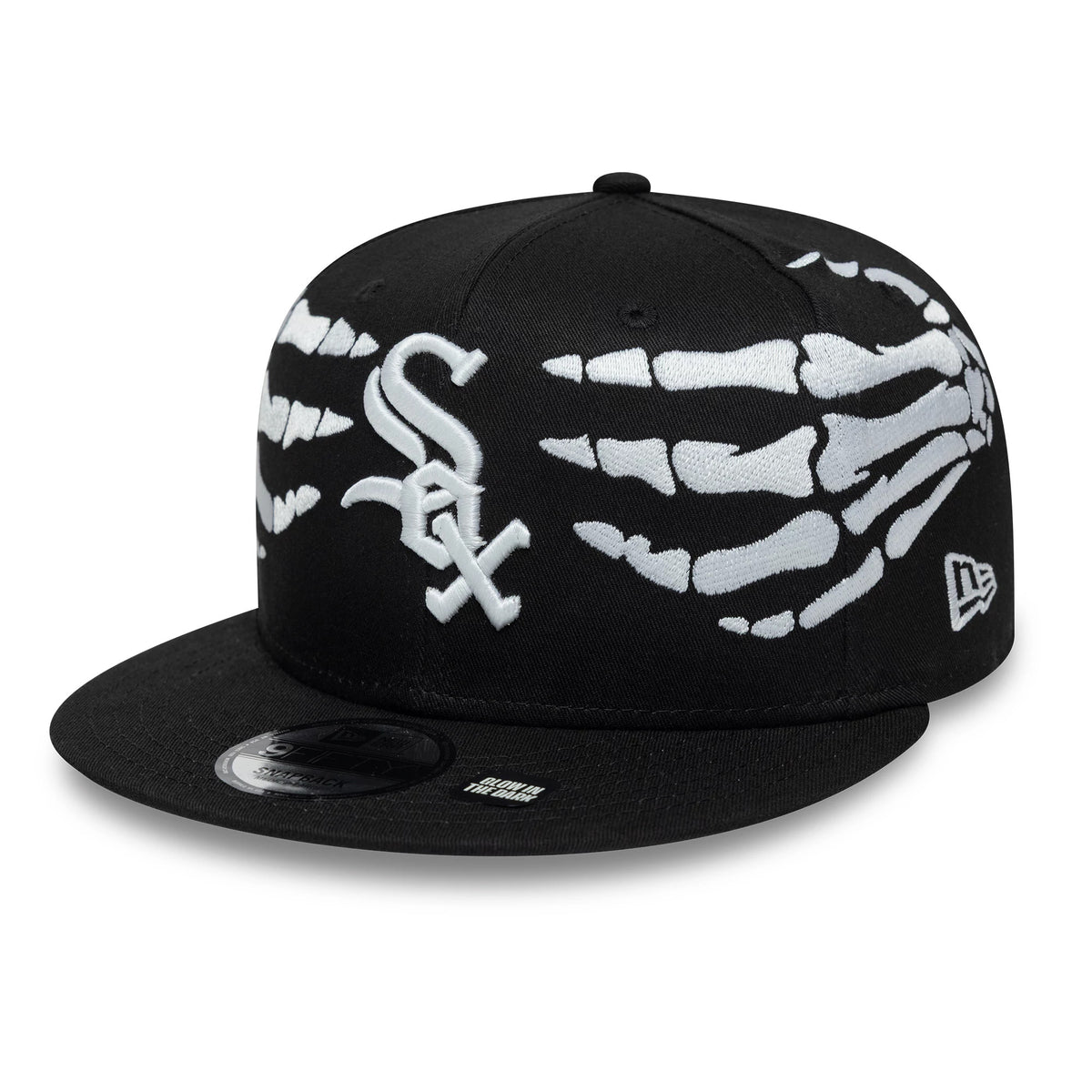 White Sox MLB Halloween Glow In The Dark Hands Black New Era 9FIFTY Snapback Adjustable Cap, front view showing raised white Sox logo embroidery on black panels, large skeletal hand graphics reaching from sides.