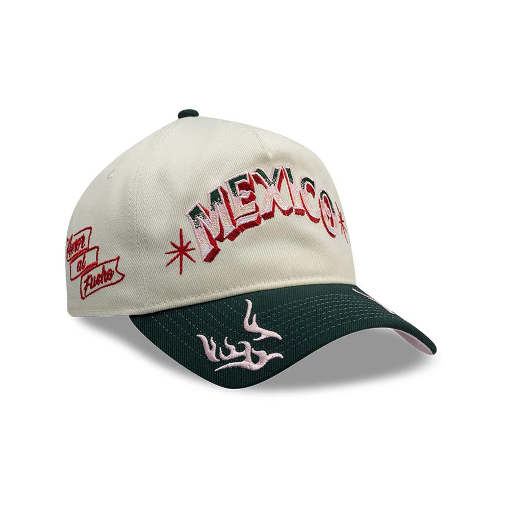 New Era Mexico Rotulos White & Dark Green 9FORTY A-Frame Adjustable Cap, three-quarter view showing red embroidered 'MEXICO' lettering and graphics on the front panel, a dark green curved visor, and additional artworks on the left side.